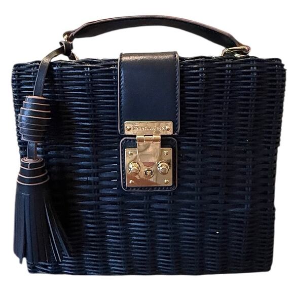 Spartina 449 Black Rattan Box Bag Leather Trim Gold Hardware Top Handle - Picture 2 of 16